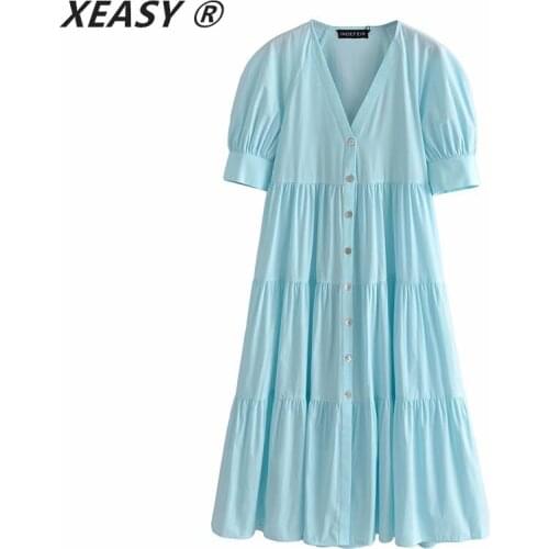 XEASY Za Blue Woman Long Summer Dress 2021 Ruffle V Neck Short Puff Sleeve Midi Dress Women Fashion Button Beach Casual Dresses