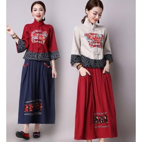 National Floral Print Cheongsam Chinese Dress for Women Skirt Embroidery Tangsuit Qipao Linen Long Sleeve Dresses Elegant