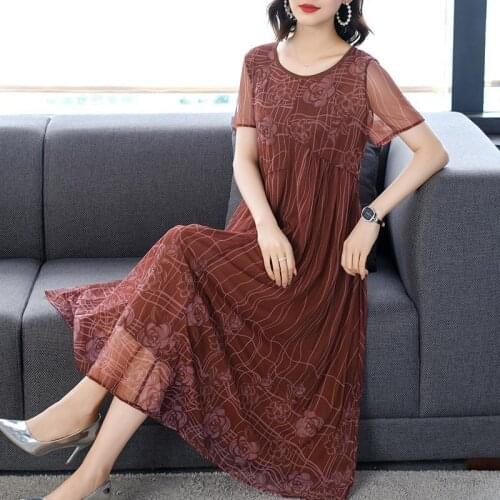 2021 Fashion Runway Summer Dress Womens Short Sleeve Floral Printed Loose Elegant Plus Size Mesh Long Dresses Vestidos Y878