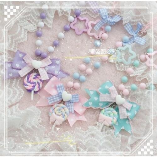 Handmade Lolita Sweet Heart Candy Lollipop Bowknot Pendant Necklace Women Jewerly Gift D970