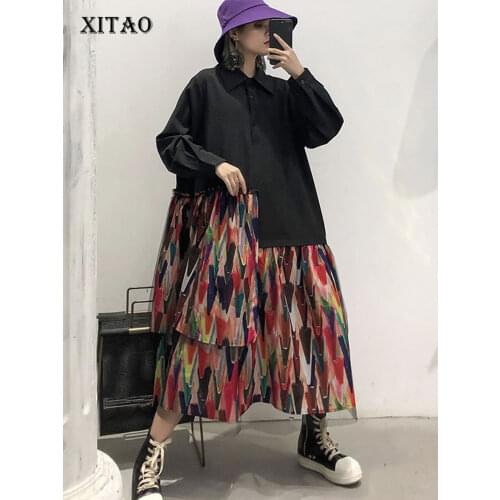 XITAO Mesh Plus Size Dress Women Korea Fashion 2019 Autumn Patchwork Turn Down Collar Elegant A Line Casual Midi Dress WQR1929