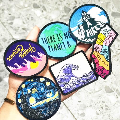 1Pcs Van Gogh Mountain Embroidered Patch For Clothing Iron On Patches Cartoon Wave Badges For Clothes Applique Stripe Sticker