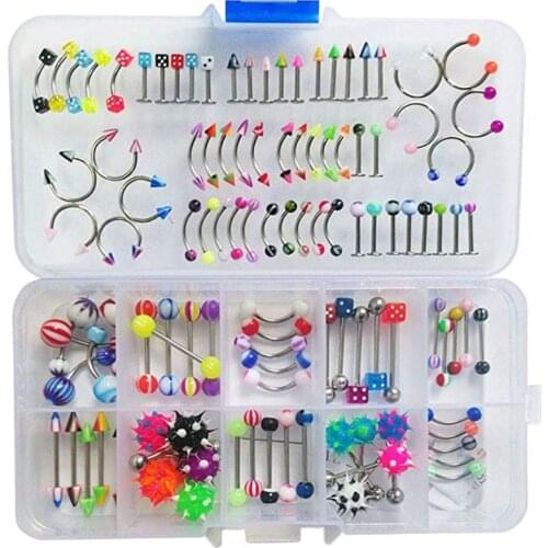 110 PCS Body Jewelry Piercing Eyebrow Navel Belly Tongue Lip Bar Ring