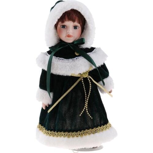 12inch Victorian Porcelain Doll with Stand People Figures in Green Plush Coat Hat Kids Gift Adult Collections