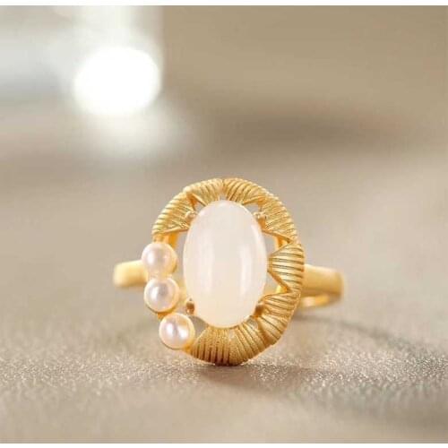Natural Hetian Jade Open Ring S925 Sterling Silver Vintage Ring Adjustable to Give Mom Mothers Day Gift for Women