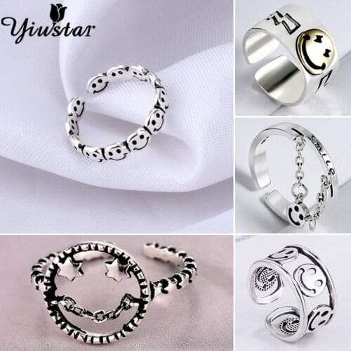 Yiustar Cute Smiley Face Rings Men Gadgets Adjustable Open Ring for Women Copper Gothic Aesthetic Emo Jewelry Luxury Couple Gift