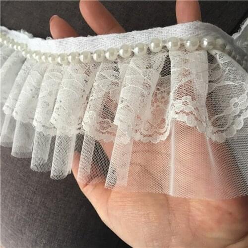1 Meter High Quality White Gauze Lace Trim 9cm Wide Embroidery Flower Pearl Beaded Mesh Lace Fabric DIY Handmade Sewing Lace