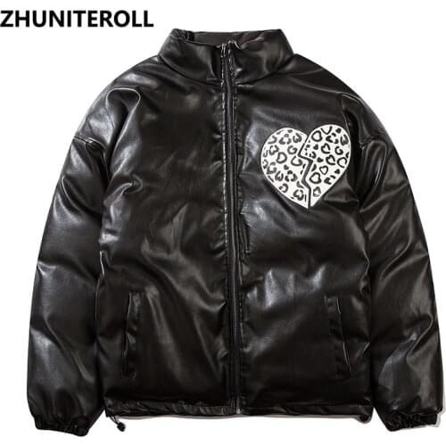 2021 New Leather PU Winter Mens Jacket Broken Heart Printed Hip Hop Zipper Thick Jackets Men Fashion Casual Streetwear Tops Coat