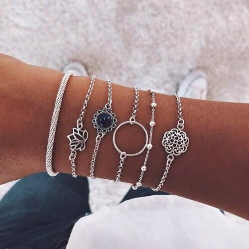 Miss JQ 6 Pcs/set Bohemian Charm Hollow Flower lotus Bracelet Bangles for Women round Gem Chains Bracelets Set Fashion Jewelry