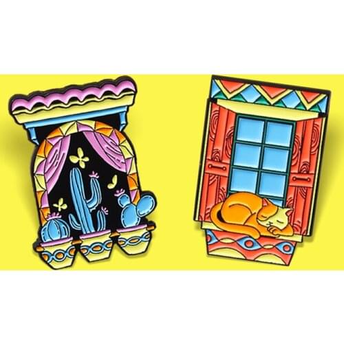 Cartoon Night and day Window Brooches Blue Cactus Potted Yellow Cat Enamel Pin Lapel Badge For Friends Spille Jewelry Wholesale
