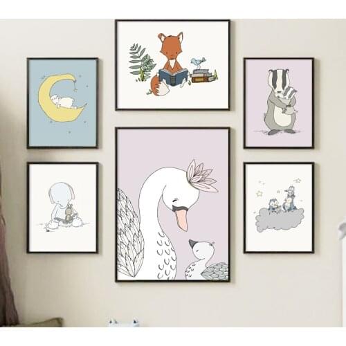 Cartoon Swan Fox Lion Moon Zoo Wall Art Canvas Painting Nordic Posters And Prints Wall Pictures For Kids Room Bedroom Home Decor