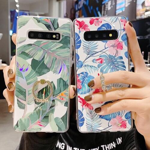 Laser Banana Leaf Flower Soft TPU IMD Case for Samsung S8 S9 S10 S20 Plus S20 Ultra Finger Ring Stand Holder Floral Leaves Cover