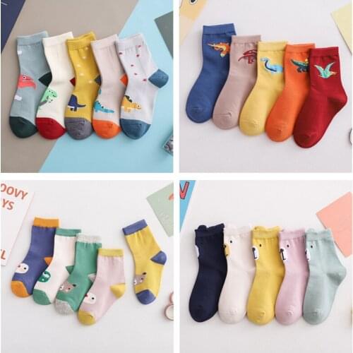 5 pairs of childrens socks cotton medium tube socks boys and girls childrens cartoon dinosaur comfortable socks for children