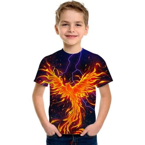 Clothes for Girls Boys Tee Shirt Fire Phoenix Bird 3d Boys T Shirt 2021 Funny Summer Children Cartoon Graphic Tees Kids Tops