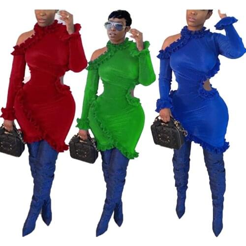 HAOOHU Sexy One Shoulder Ruffle Dress Long Sleeve Fashion Dress for Women Clothing 2019 Hollow Out Vestidos Ladies Mini Dresses
