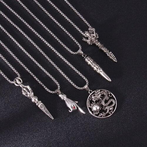 Retro Punk Multiplier Magic Vajra Pestle Necklace Dragon Brand Gesture Pendant Accessories Men Stainless Steel Chain Jewelry