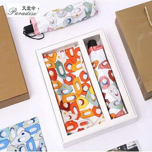 Gift Package Luxury Umbrella - Compact Light Anti UV Parasol with Silk Scarf for Women Sunny and Rainy Fashion Package Umbrella