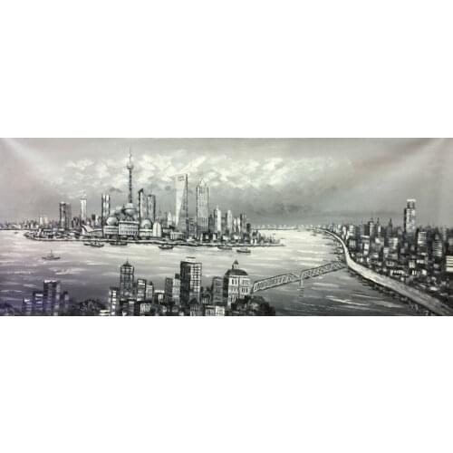 HandPainted White and Black China Shanghai Bund Landscape Oil Canvas Painting Abstract Wall art Picture Painting for Home Decor