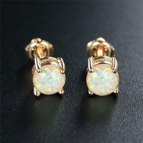 White Blue Green Opal Stud Earrings 6mm Round Stone Screw Back Earrings Vintage Gold Color Small Earrings For Women Wedding Gift