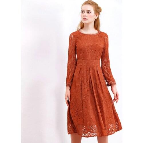 ONLY PLUS Brown Lace Hollow Out Dress Women A-line Long Sleeve Dress For Women 2020 Spring Summer Elegant High Waist Dress Women