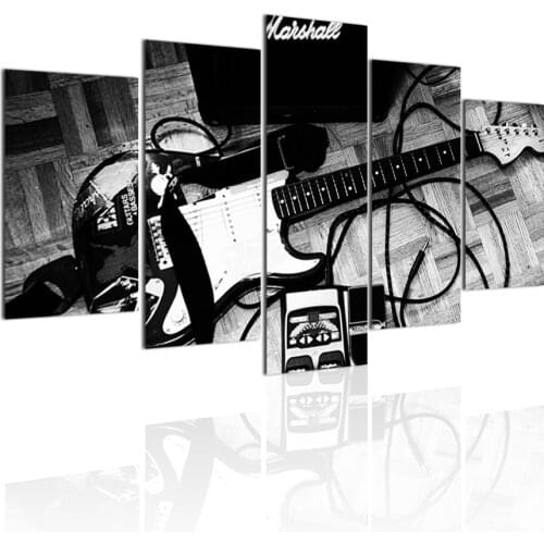 Vintage Black White Guitar Instrument 5 Panels DIY Wood Frame Canvas Painting Poster Wall Art Print Picture Bedroom Home Decor