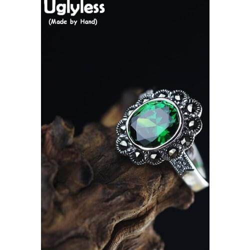 Uglyless Vintage Marcasite Thai Silver Open Rings for Women Green Crystal Rings Real 925 Silver Floral Bijoux Fine Jewelry R906