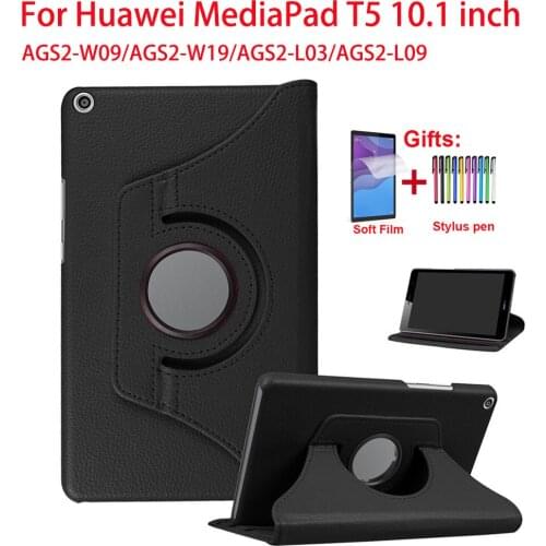360 Degree Rotating Cover For Huawei MediaPad T5 10 AGS2-W09/L09/L03 10.1 inch T5 10.1 Flip Stand Leather Tablet Case+Film+Pen