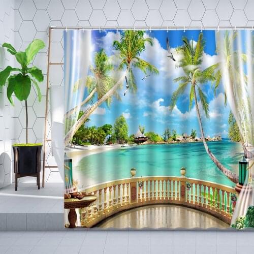 Ocean Scenery Shower Curtain 3D Window Palm Tree Tropical Plant Green Leaf Sea landscape Bathroom Decorate Polyester Curtain Set