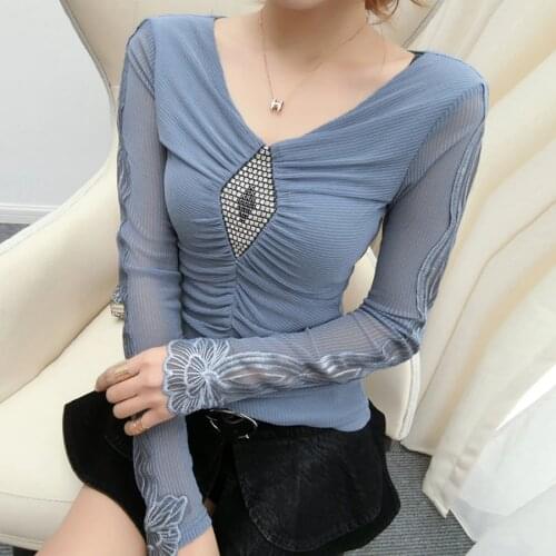 T-shirt woman 2020 Spring Fashion Slim Diamond mesh shirt Long Sleeve t shirt Women tops Korean clothes v neck mesh top shirts