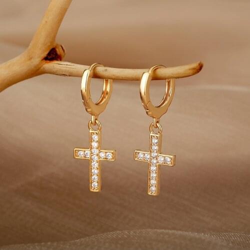 Aesthetic Zirconia Cross Earrings For Women Korean Sweet Earring Copper Vintage Hoop Earrings Luxury Jewelry Gift For Friends