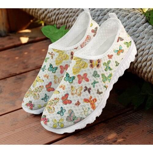 INSTANTARTS Summer Hot Breathable Mesh Air Sneaker Pretty Butterfly Cartoon Pattern Women Slip-on Sneaker Casual Soft Beach Shoe