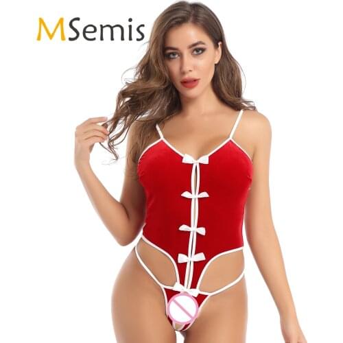MSemis Women Sexy Erotic Open Crotch Bodysuit Velvet Christmas Costume Lingerie Leotard Bodysuit Nightwear Sleepwear Babydoll