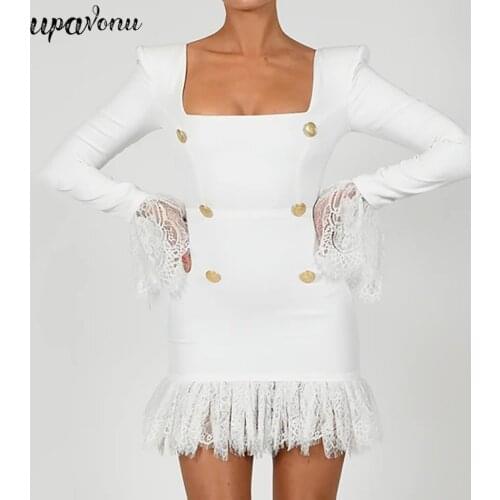 Free Shipping Sexy White Bandage Dress 2021 New Womens Square Neck Long Sleeve Bodycon Lace Dress Club Night Party Mini Vestido