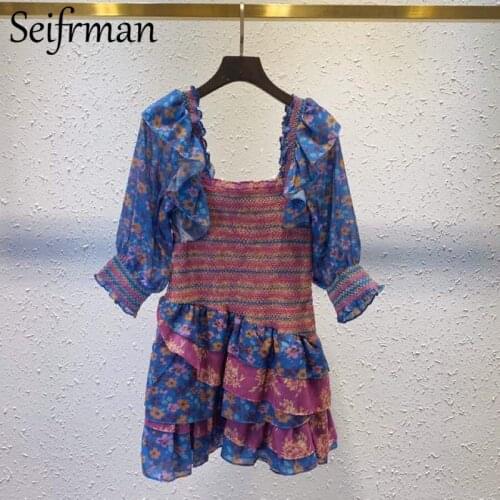 Seifrmann New 2021 Women Summer Fashion Runway Short Dress Puff Sleeve Gorgeous Ruffles Floral Printed Ladies Dresses Vestidos