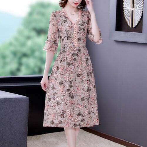 2021 Summer Fashion Runway Dress Womens Flared Sleeve Floral Print Vintage Elegant Party Silk Dress