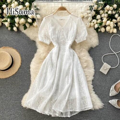 2021 summer new women V-neck puff sleeve waist embroidery chiffon A-line dress female Chic elegant single breasted party dresses