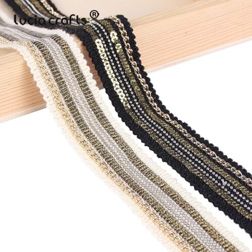 1yard 25mm Gold Silver Beaded Chain Lace Trims Ribbon Vintage Fabric Paillette Sequin Lace Garment Wedding Dress Applique N0827