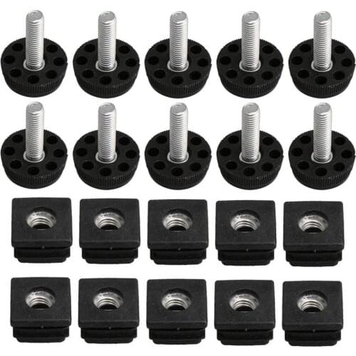 10PCS Thread Black Plastic Furniture Legs Plugs Blanking End Caps Insert Plugs with Adjust Thread Feet Square Pipes M8