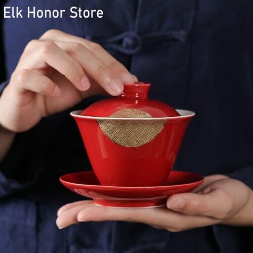 170ml Leaf Gilding Blue Outline In Gold Tea Tureen Water Mug Tea Bowl Kung Fu Gaiwan Travel Porcelain Teapot Office Drinkware