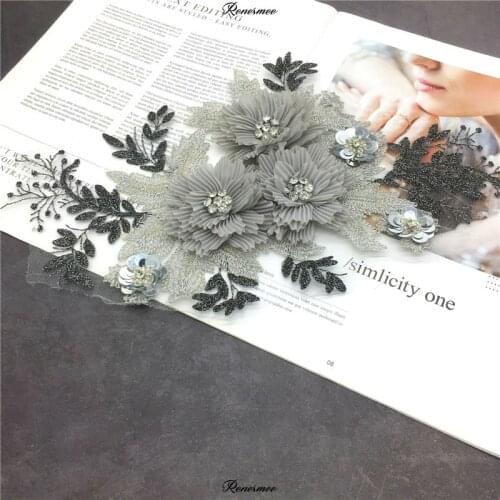 2Pcs Gray Cloth Patch Flowers Embroidered 3D Plant Lace Handmade Beaded Mesh Gold Thread Patch Embroidered Applique 20X35cm
