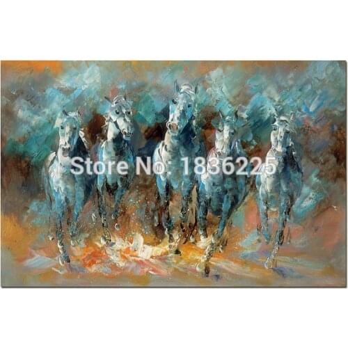 Handmade Abstract Impression Five Running Horses Wall Art Oil Paintings on Canvas Decoration Blue Paintings Animals in Colorful