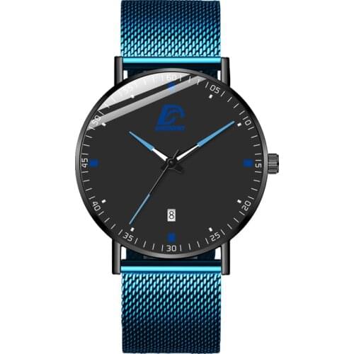 Luxury Mens Quartz Wristwatch Fashion Business Calendar Watches Blue Stainless Steel Mesh Belt Analog Watch Relogio Masculino