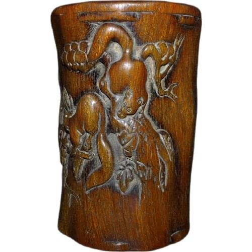China old wood Mahogany carving pen holder Seiko relief storage pen holder ornaments