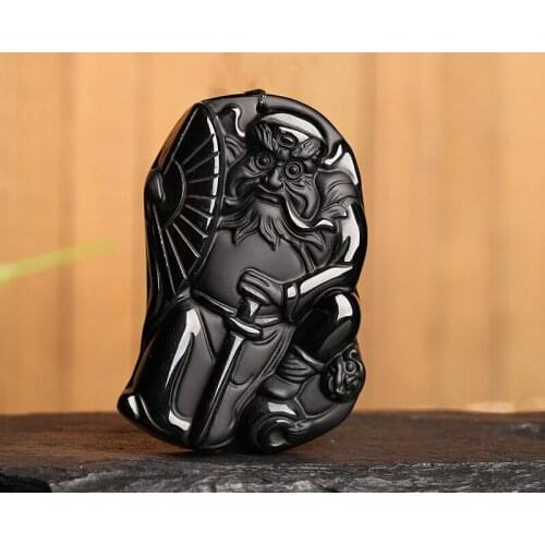 Natural Chinese OBSIDIAN Hand Carved Zhong Kui Jade Pendant Fashion Jewelry Men and Women To Ward Off Evil Necklace