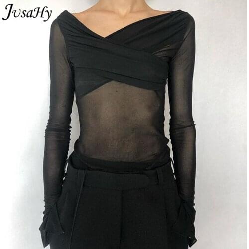 Jusahy Fashion Mesh Fake Two-piece Bodysuits For Women 2021 Black See Through Long Sleeve Romper Club Party Wear Female