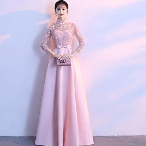 Chinese Style High Neck Robe De Soiree Cheap Long Pink Evening Dresses With 3/4 Sleeves Party Dresses Vestido De Noite Longo