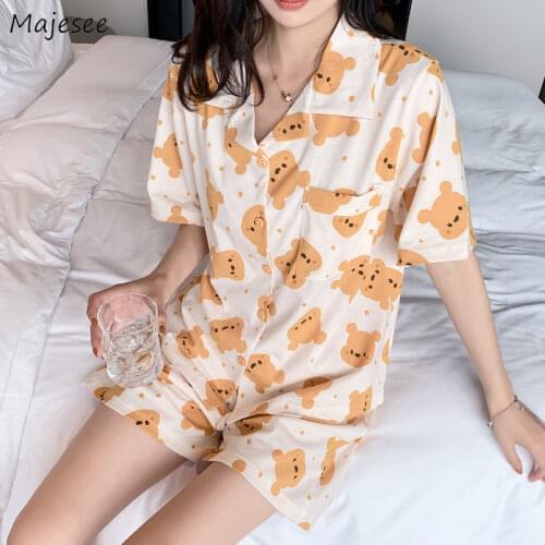 Summer Soft Pajama Sets Women Cartoon Printed Square Collar Loose Ladies Homewear Sweet Thin Japanese Style Cute Sleepwear Teens