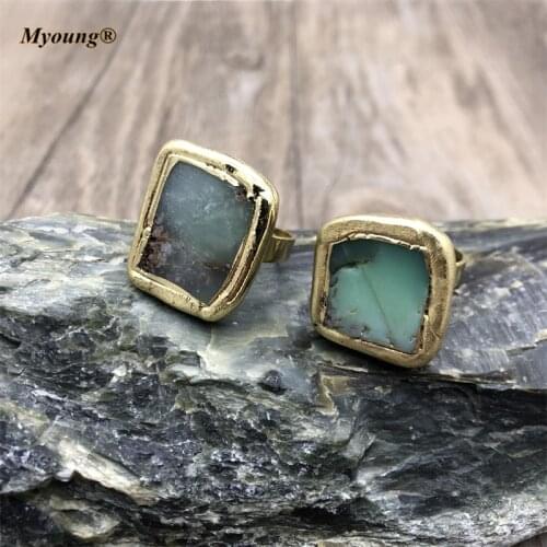 Gold-Plated Natural Australia Jades Green Chrysoprase Rings,Square Stone Adjustable Ring Jewelry MY210615