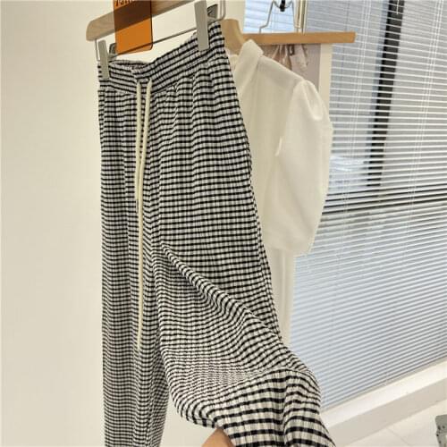 Retro Plaid Pants Female Summer Thin Loose Korean Students Straight Drape High Waist Drawstring Mopping Trousers