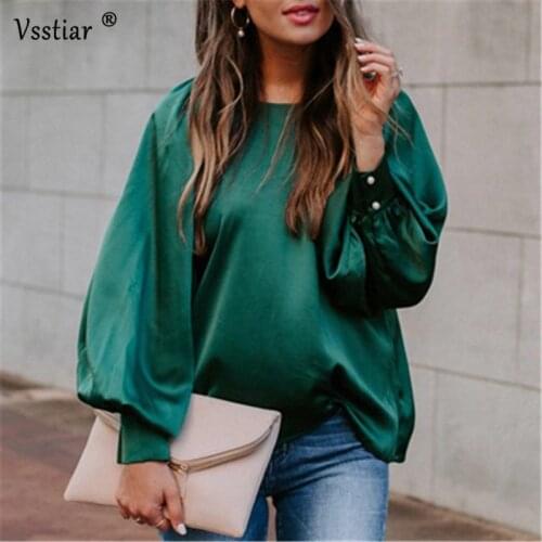Satin Women Blouse Shirts Winter Puff Sleeve O Neck Casual Office Ladies Tops 2020 Elegant Fashion Silk Female Blouses Green